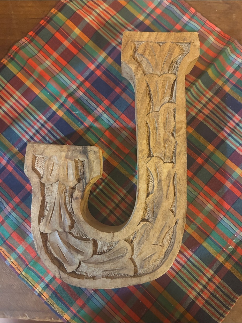 Carved Wooden Letter J - Natural Wood Finish